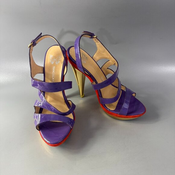 Francesca Mambrini Purple Patent Leather Strappy Platform Heels - Picture 1 of 14